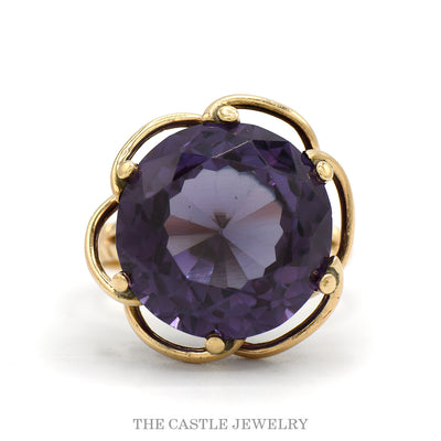 Round Synthetic Alexandrite Solitaire Cocktail Ring with Open Swirled Setting in 14k Yellow Gold
