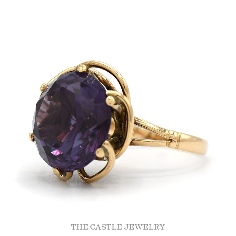 Round Synthetic Alexandrite Solitaire Cocktail Ring with Open Swirled Setting in 14k Yellow Gold