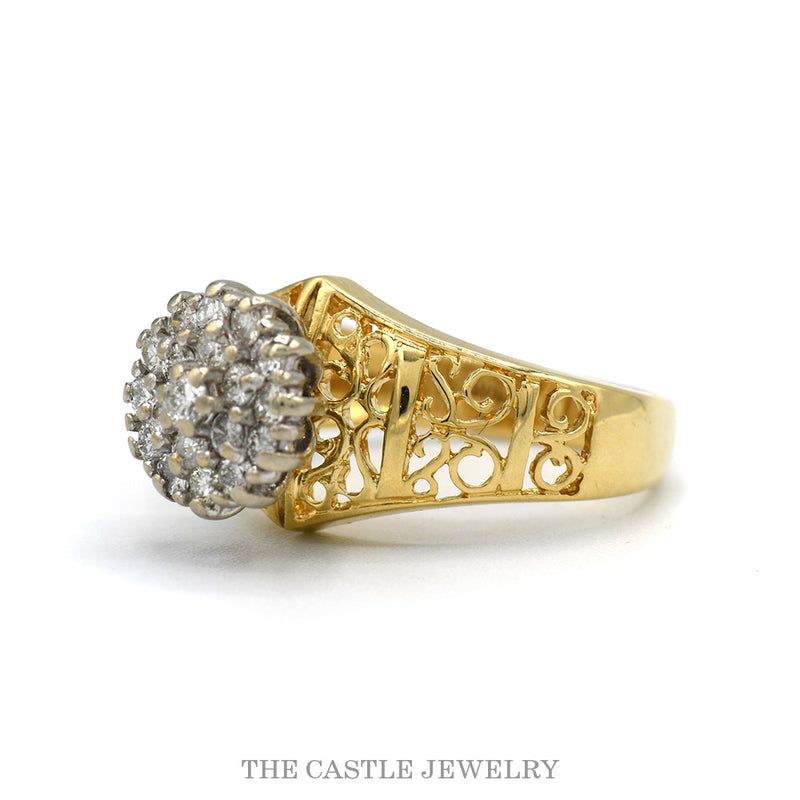 Side profile of the 14k yellow gold Kentucky cluster ring showing the scrolled filigree shoulders