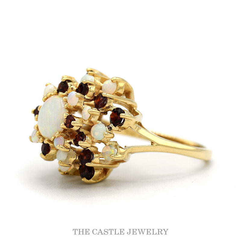 Round Opal and Garnet Swirled Cluster Ring in 14k Yellow Gold