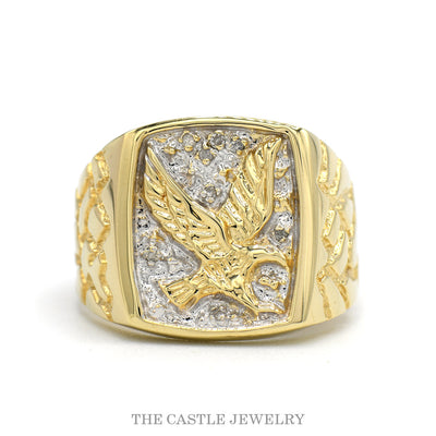 Two Tone Eagle Designed Signet Ring with Nugget Style Sides & Diamond Accents in 10k Yellow Gold