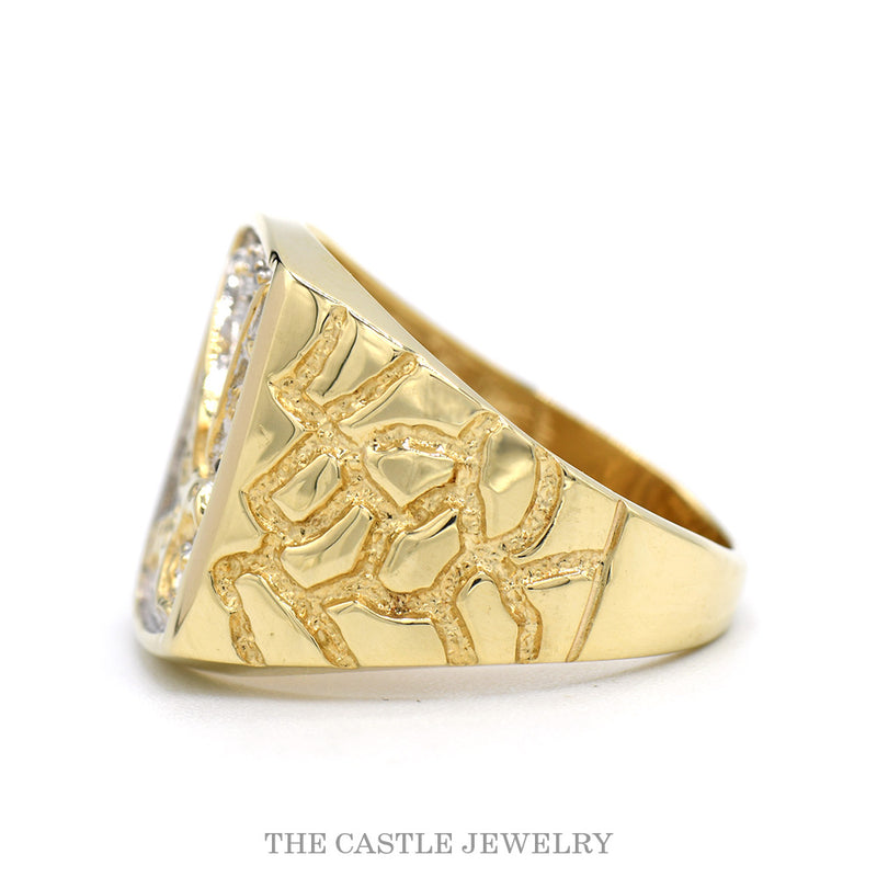Two Tone Eagle Designed Signet Ring with Nugget Style Sides & Diamond Accents in 10k Yellow Gold