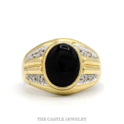 Oval Cut Black Onyx Ring with Diamond Accented Ridged Sides in 10k Yellow Gold