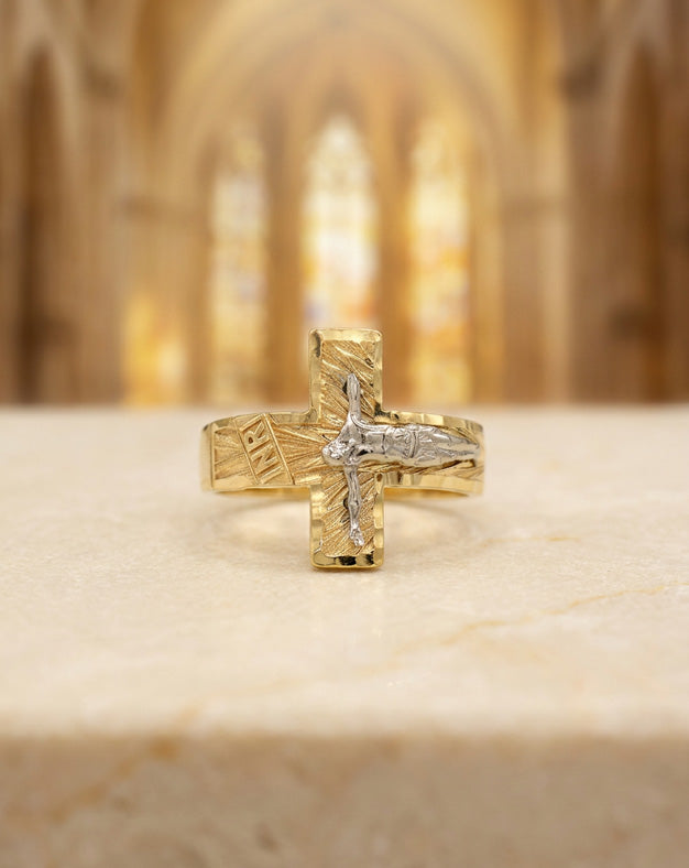 Crucifix Ring with Diamond Cut Sunburst Cross and INRI Banner in 14k Two-Tone Gold