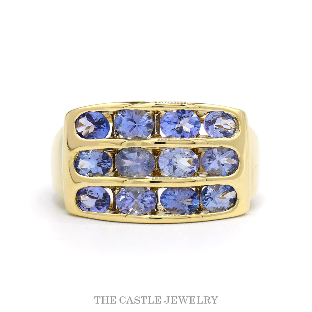 3 Row Channel Set Oval Tanzanite Wide Band Cluster Ring in 10k Yellow Gold