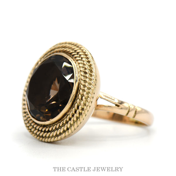 Large Round Smokey Quartz Solitaire Cocktail Ring with Triple Rope Bezel in 14k Yellow Gold