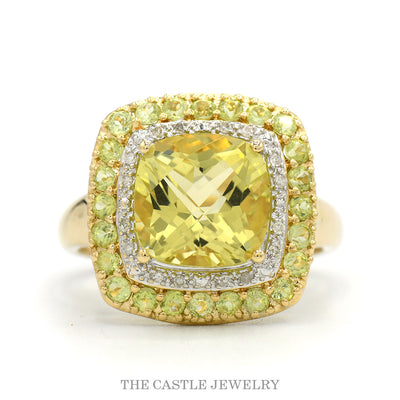 Cushion Cut Peridot Cocktail Ring with Diamond & Peridot Double Halo in 14k Yellow Gold