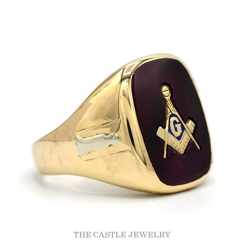 Men's Masonic Signet Ring with Square & Compass & Side Symbols in 10k Yellow Gold
