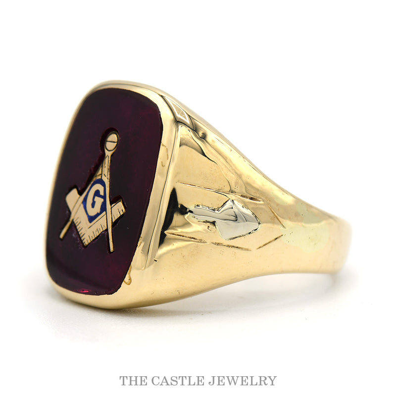 Men's Masonic Signet Ring with Square & Compass & Side Symbols in 10k Yellow Gold