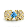 Geometric Square Blue Topaz Cocktail Ring with Cubic Zirconia Cluster Sides in 14k Yellow Gold