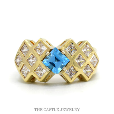 Geometric Square Blue Topaz Cocktail Ring with Cubic Zirconia Cluster Sides in 14k Yellow Gold