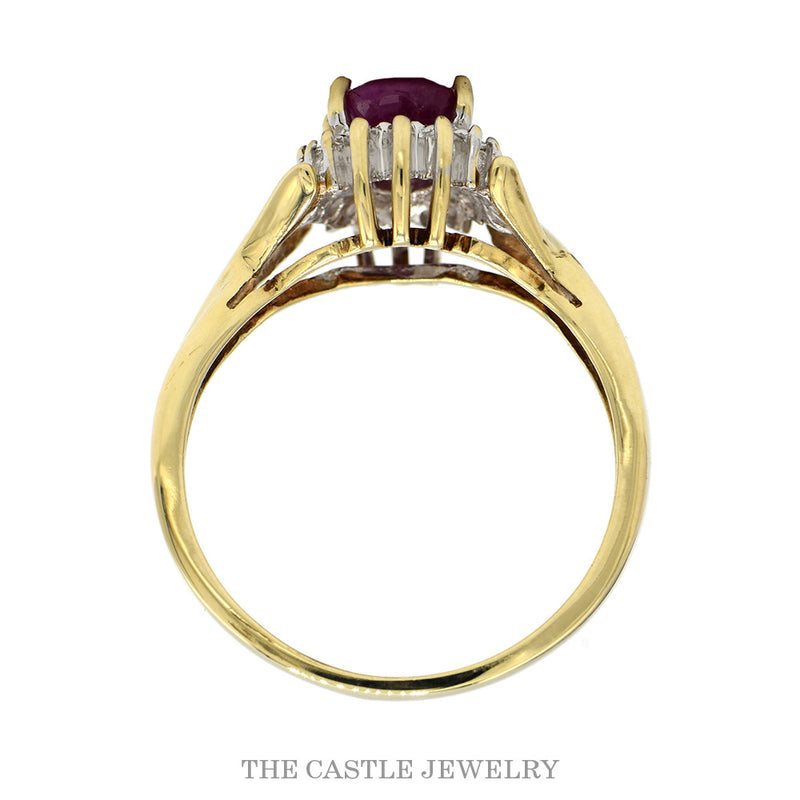 Oval Ruby Ring with Illusion Set Diamond Halo in 10k Yellow Gold