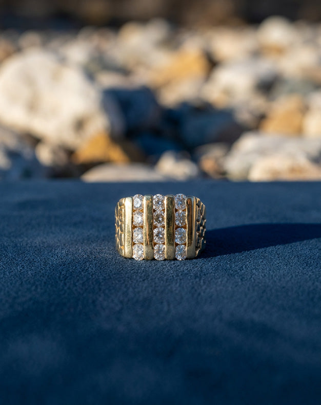 Men's 3cttw Channel Set Diamond 3 Row Ring with Nugget Sides in 14k Yellow Gold
