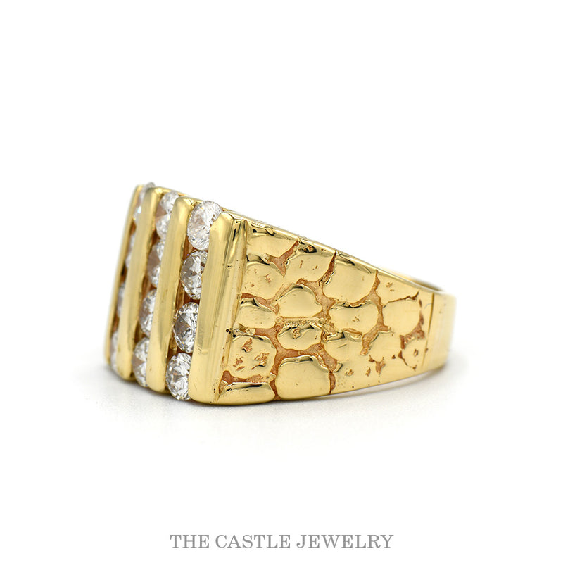 Side profile of the 3 row channel set diamond ring showing the nugget shoulders