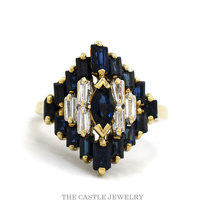 14k yellow gold marquise sapphire baguette cluster ring — top view
