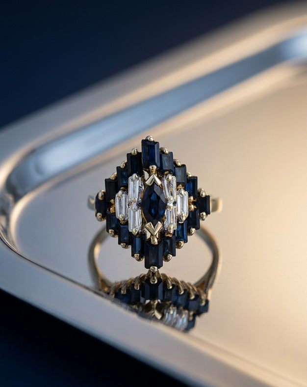 Marquise Sapphire and Baguette Cluster Ring with 0.18ctw Diamond Accents in 14k Yellow Gold