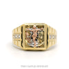 14k tri-color gold men's crucifix ring with rose-gold Christ figure, textured yellow-gold cross, and channel-set cubic zirconia accents on Rolex-style shoulders — top view - Thumbnail 1