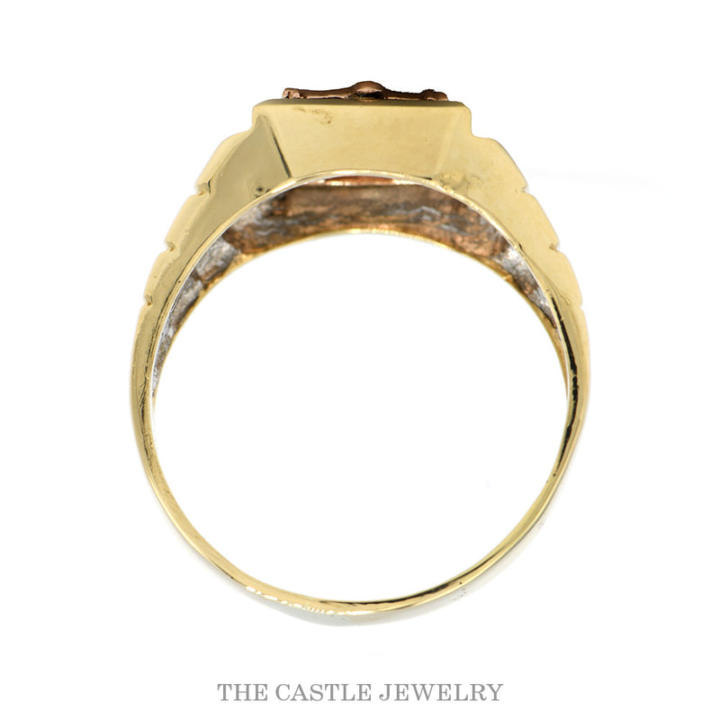 Front-facing view of the 14k tri-color crucifix men's ring showing the stepped shoulder detail and CZ channel