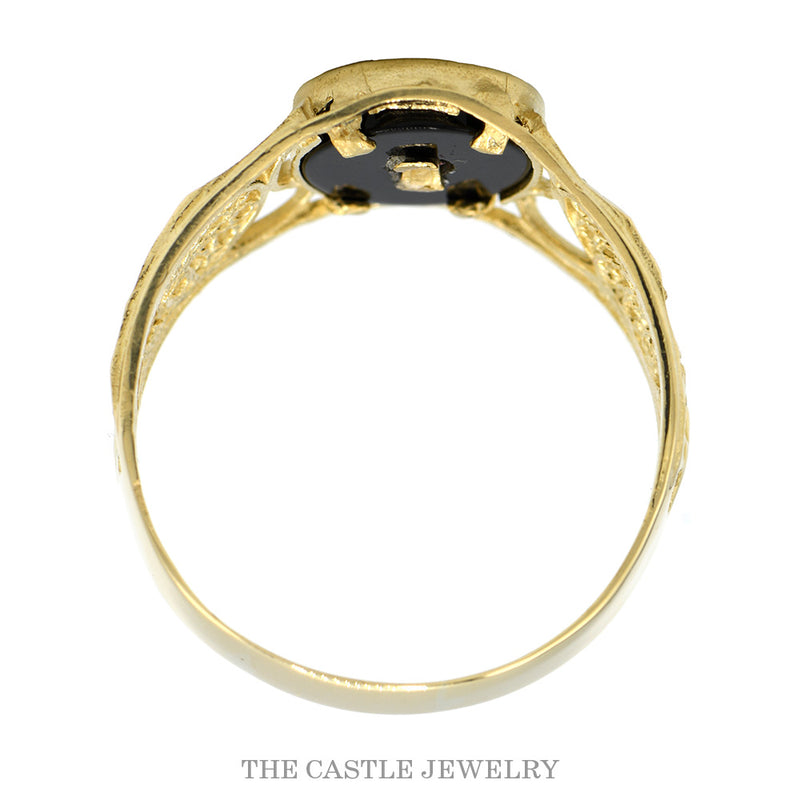 Front-facing view of the 14k yellow gold 'E' initial signet ring showing the open filigree scrollwork