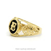 Side profile of the 14k yellow gold oval onyx initial ring showing bezel depth and cutaway shoulder openwork - Thumbnail 2