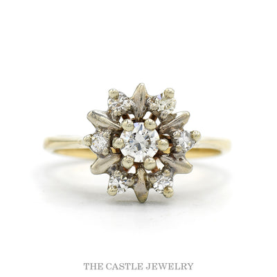 10k yellow gold diamond snowflake cluster ring — top view
