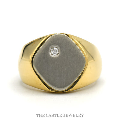18k two-tone men’s signet ring with brushed white gold face — top view