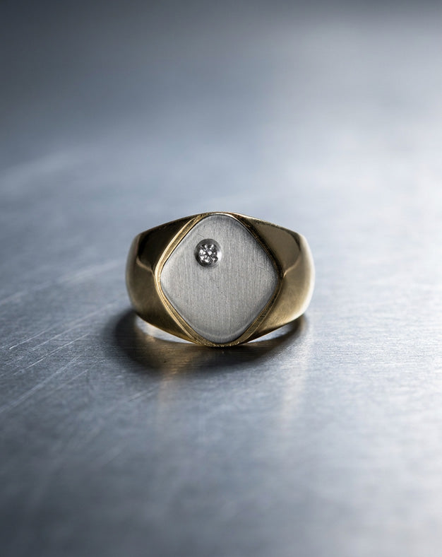 Men's 18k Two-Tone Signet Ring with Diamond Accent in Brushed White Gold