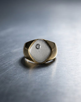 Men's 18k Two-Tone Signet Ring with Diamond Accent in Brushed White Gold