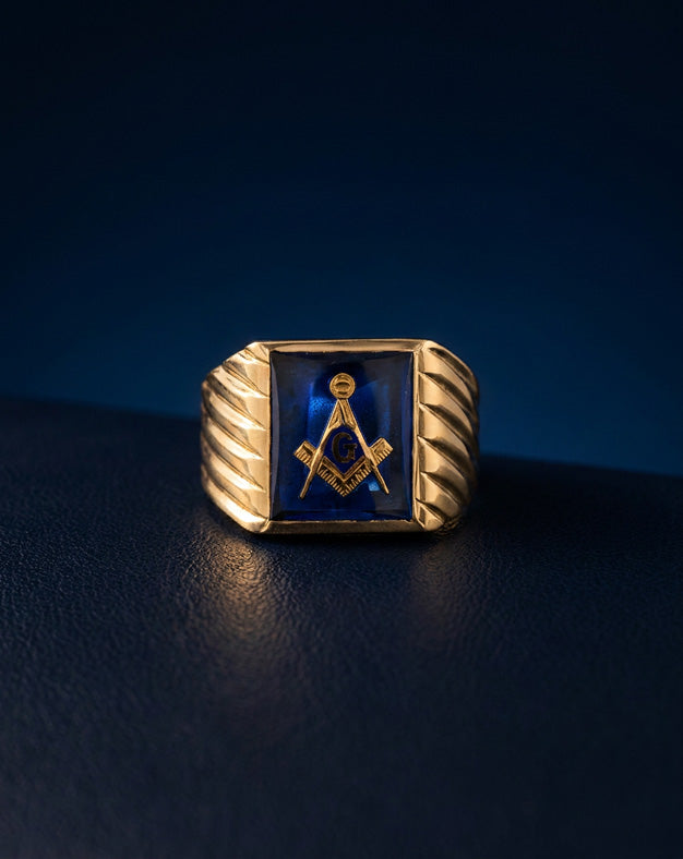 Men's Masonic Square-and-Compass Ring with Blue Stone in 10k Yellow Gold