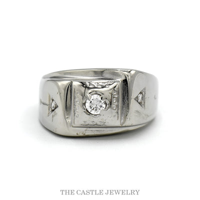 14k white gold men's three diamond ring with arrow accents — top view