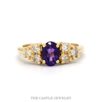 14k yellow gold oval amethyst ring with diamond shoulders — top view