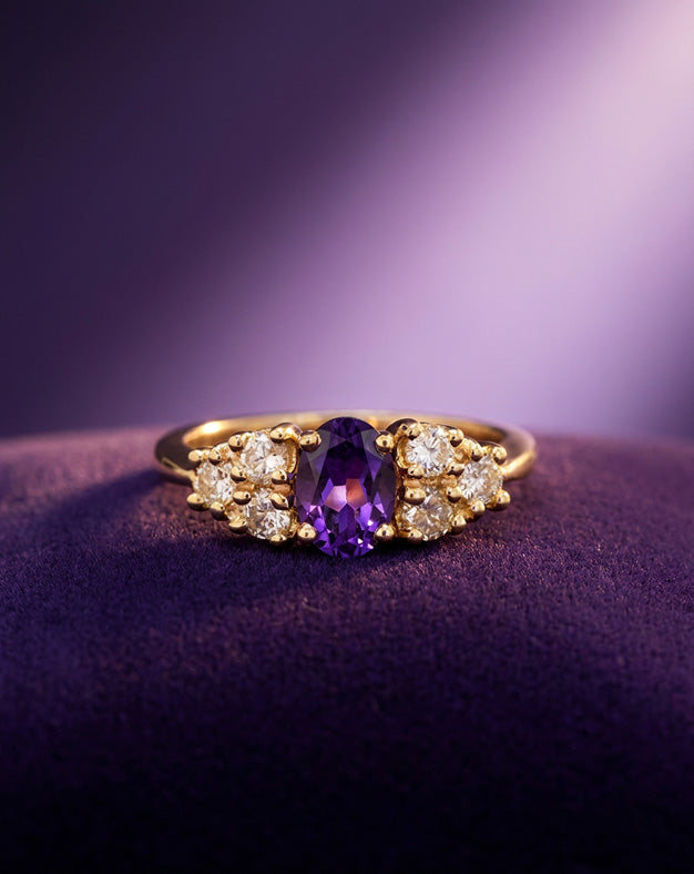 0.36ctw Oval Amethyst Ring with Diamond Cluster Shoulders in 14k Yellow Gold