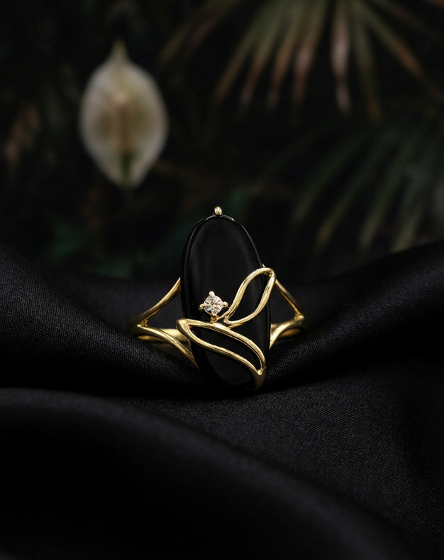 Elongated Oval Black Onyx Ring with Gold Vine and Diamond Accent