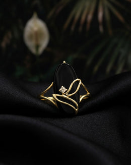 Elongated Oval Black Onyx Ring with Gold Vine and Diamond Accent in 10k Yellow Gold