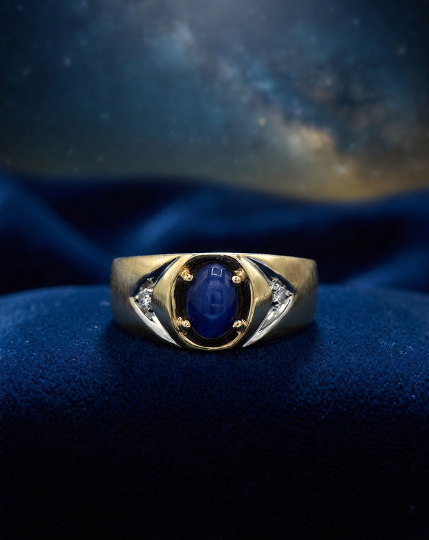 Men's Blue Lindy Star Sapphire Ring with Diamond Chevron Accents in 14k Yellow Gold