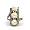 14k white gold three pearl shield ring with sapphire accents — top view - Thumbnail 1