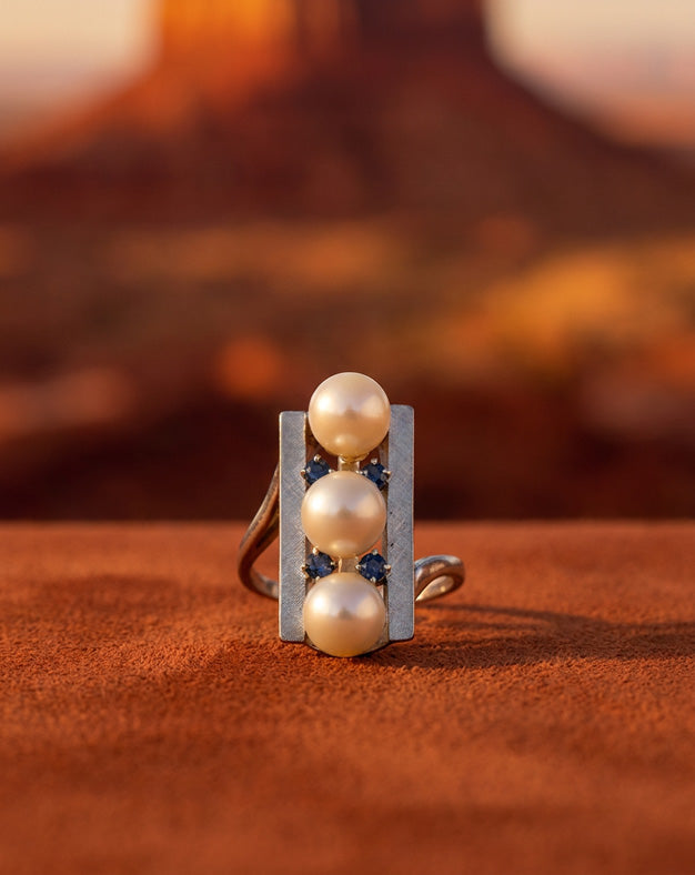 Three Pearl Shield Ring with Sapphire Accents in Brushed 14k White Gold