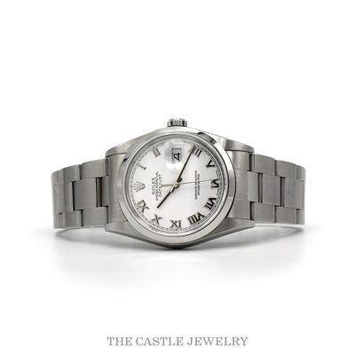 Rolex Datejust 16200 with white Roman dial on Oyster bracelet — front view