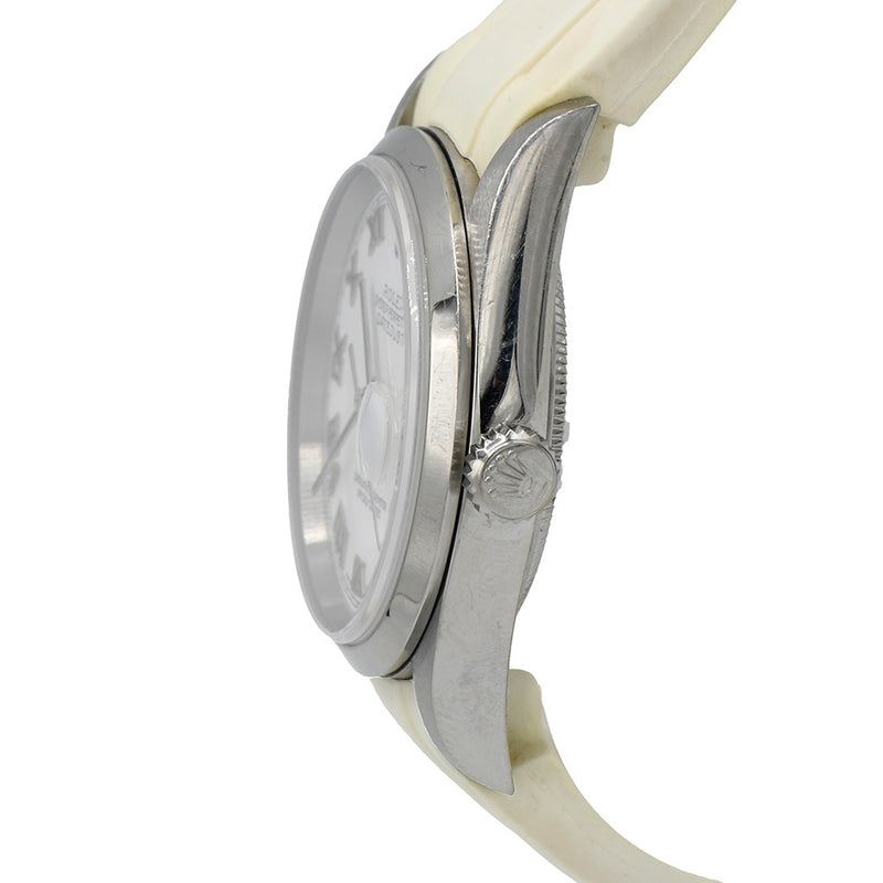 Crown close-up of Rolex Datejust 16200 on white rubber strap