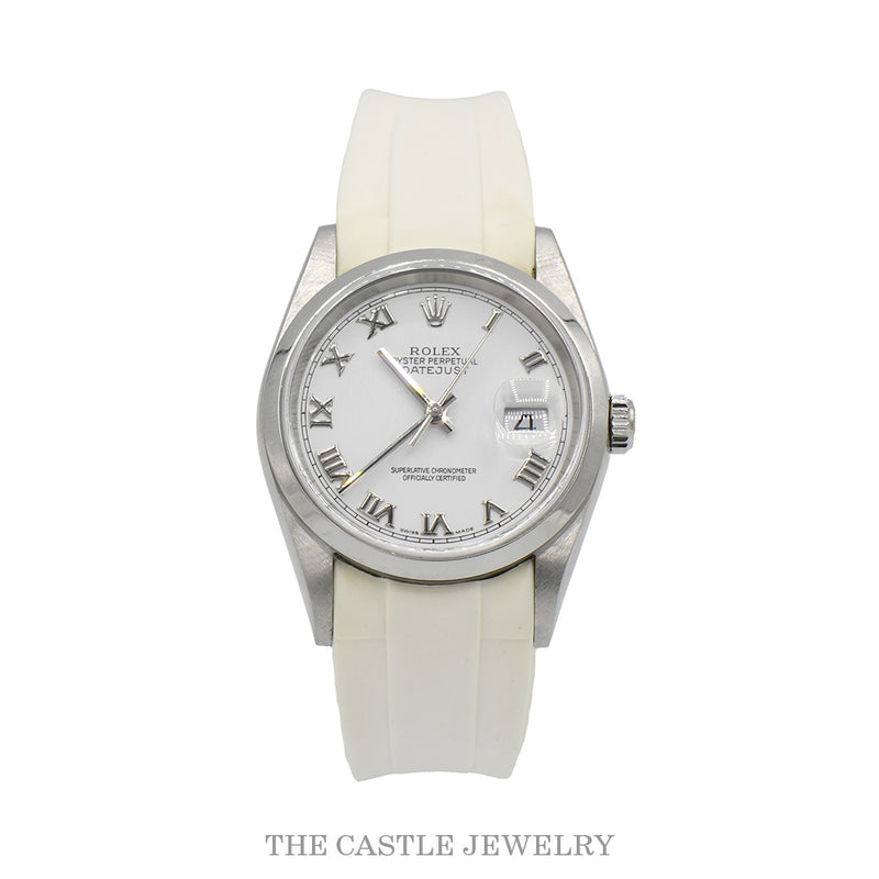 Rolex Datejust 16200 on white rubber strap — front view