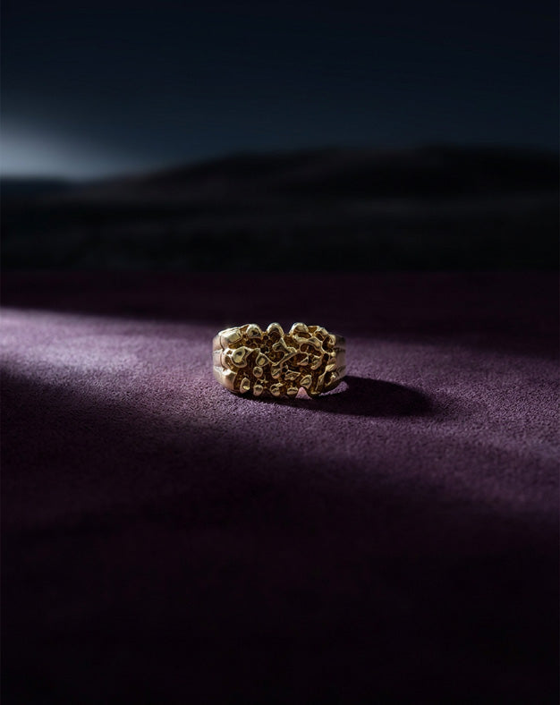 Men's 10k Yellow Gold Ring with Polished Nugget Forms on a Beaded Ground and Grooved Sides