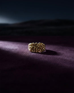 Men's 10k Yellow Gold Ring with Polished Nugget Forms on a Beaded Ground and Grooved Sides