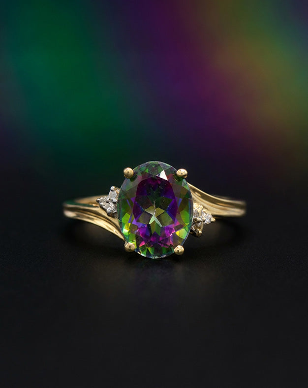 Oval Mystic Topaz Ring with Diamond Accents in 10k Yellow Gold