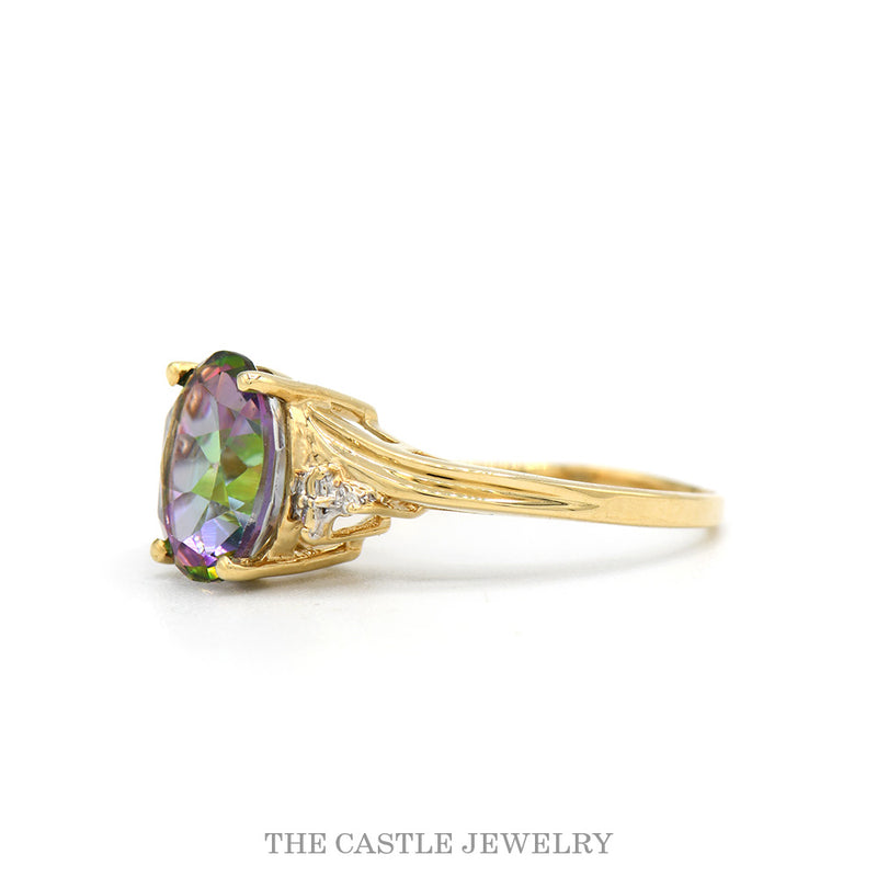 Side profile of the 10k yellow gold mystic topaz ring