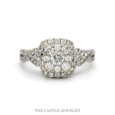 14k white gold square shaped diamond cluster halo ring — top view
