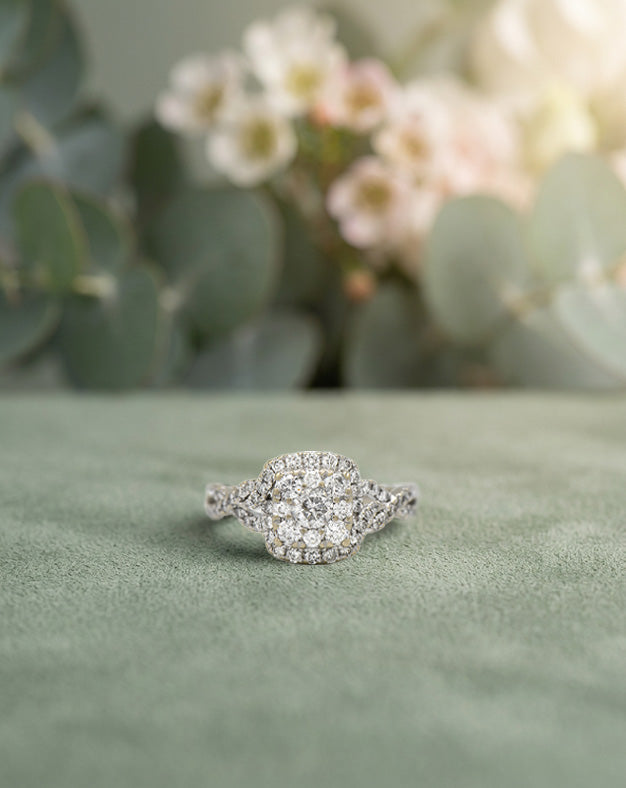3/4cttw Square Shaped Diamond Cluster Ring with Twisted Sides in 14k White Gold