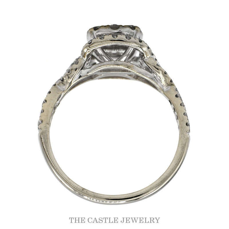 Front-facing view of the square shaped diamond cluster ring with twisted sides in 14k white gold