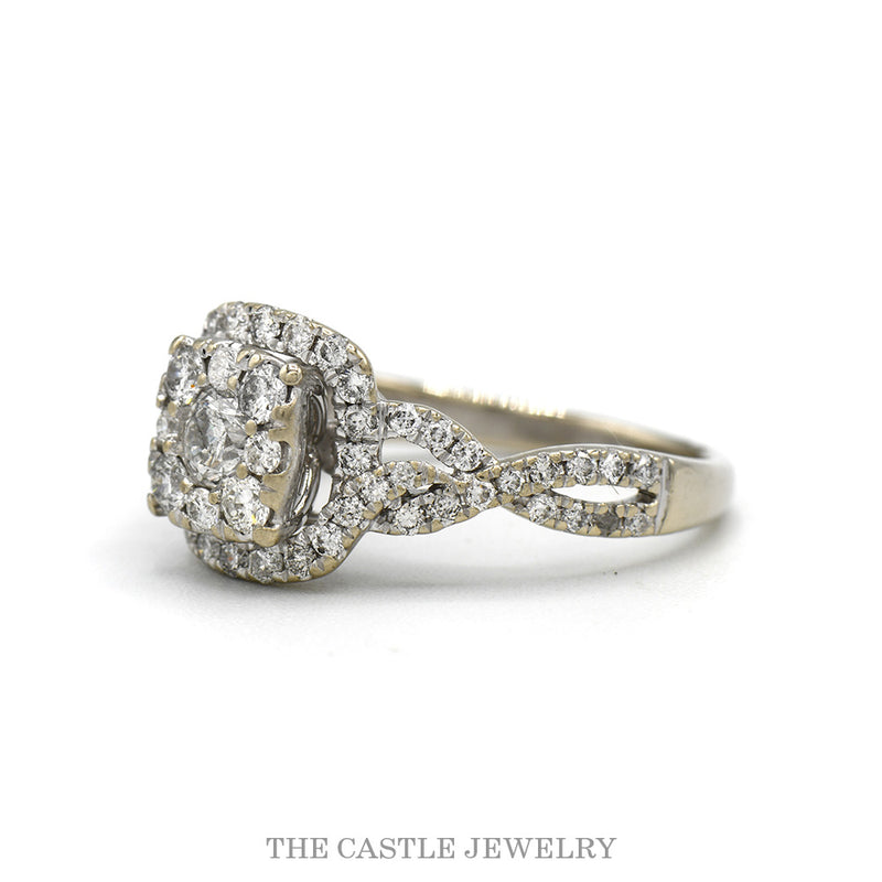 Side profile of the 14k white gold cluster halo ring showing the twisted diamond-set shank