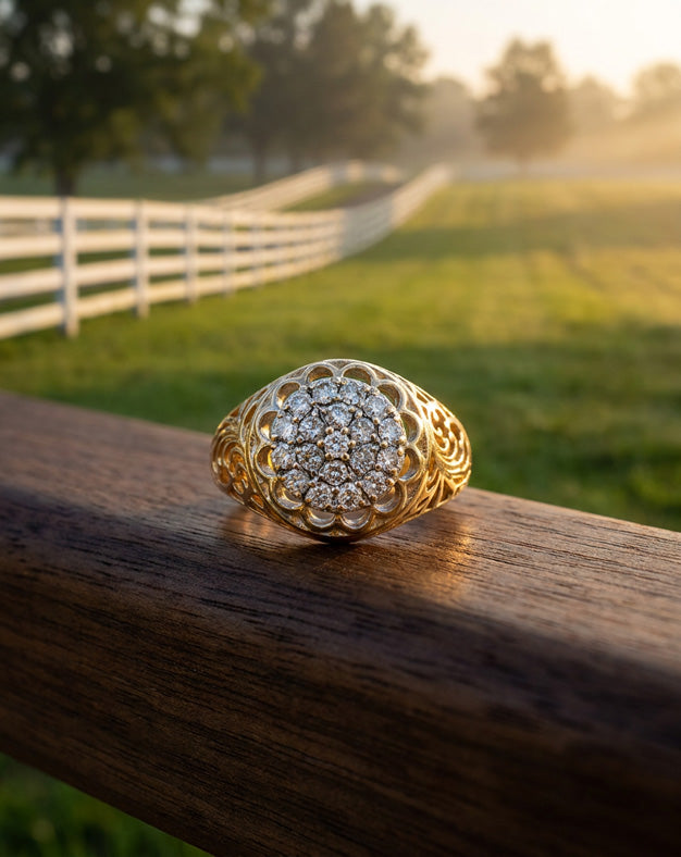 1cttw Round Brilliant Diamond Kentucky Cluster Ring with Filigree Sides in 14k Yellow Gold
