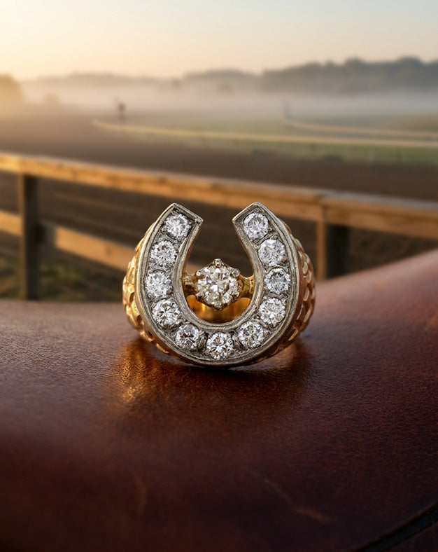 Men's 2.80cttw Diamond Horseshoe Ring with Nugget Design Mount in 14k Yellow Gold — lifestyle photography